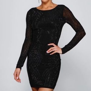 Black Rhinestone Cocktail Mini Dress Long Sleeve